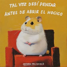 a painting of a hamster sitting on top of a red chair in front of a yellow wall