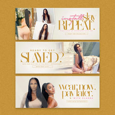 three different banners with women's hair and beauty products on them in gold foil