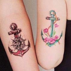 two people with tattoos on their arms and one has an anchor, the other has flowers