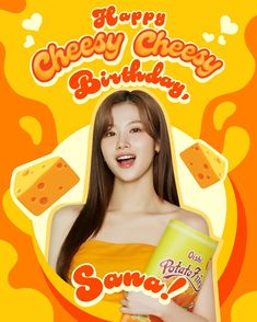 the girl is holding a cheesy cheese birthday card