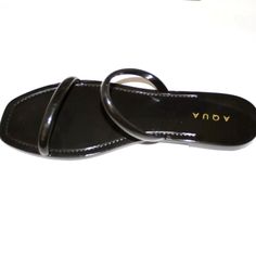 Aqua Womens Flat Jelly Sandal Shoes Black Sz 5 Slip On Two Strap Black Round Toe Flip Flops, Casual Black Flat Mules, Black Slip-on Mules For Summer, Black Flat Synthetic Mules, Black Flat Flip Flops For Spring, Black Flat Heel Mules For Summer, Black Flat Mules For Summer, Trendy Black Flat Heel Mules, Black Open Toe Casual Mules