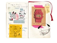 an open notebook with drawings and writing on the pages, including a cartoon dog wearing a watch