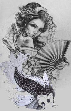 a drawing of a woman holding a fan next to a koi fish and geisha