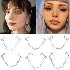 three different images of the same woman's face with piercings on her nose