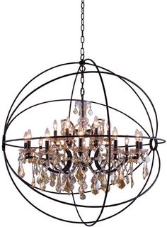 a chandelier with many lights hanging from it's center circle and circular metal frame