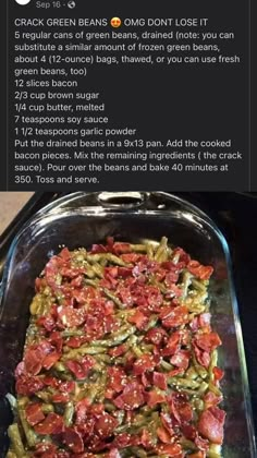 the recipe for green beans and pepperoni casserole is shown in an instagram