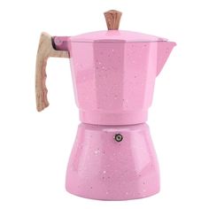 a pink stove top coffee maker with wooden handle