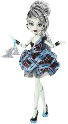 a doll dressed in a dress and shoes with an umbrella on her hand, standing up