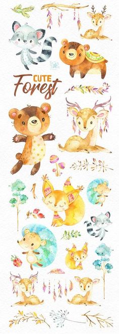 watercolor illustrations of animals and plants with the words cute forest