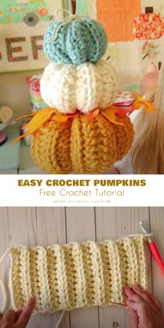 crocheted pumpkins are stacked on top of each other and the text overlay says easy crochet pumpkins free crochet pattern