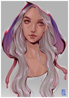 a drawing of a girl with long white hair