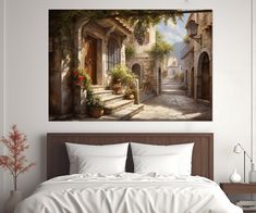 a bedroom with a large painting on the wall above it and a bed in front of it