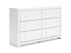 a white dresser with scalloped drawers on the top and bottom, against a white background