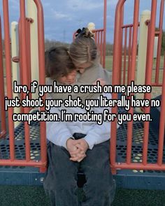 two people sitting on a playground with the caption if you have crush on me please just