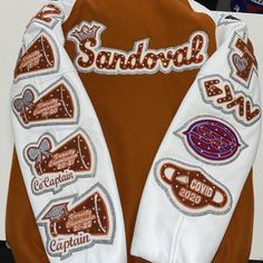 Letter Jackets Ideas High Schools, Cheer Captain Letterman Jacket, Letterman Jacket Bible Verse, Letterman Jacket Cheerleader, Cheerleading Letterman Jackets, Highschool Varsity Jacket, Highschool Letterman Jacket, Bedazzled Letterman Jacket