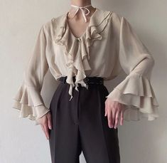 Balloon Sleeve Blouse Outfit, Royaltycore Outfits, Ruffle Tops Outfit, Frilly Sleeves, Academia Outfits, Balloon Sleeve Top, Google Lens, Fantasy Dress