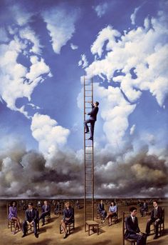 a painting of a man on a ladder reaching up to the sky with clouds in the background