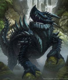 a large black dragon standing in front of a waterfall