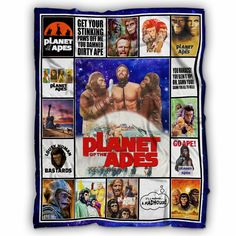 a blanket with pictures of different people and words on the front, including planet ades