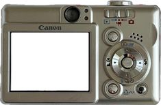 a silver camera with a white screen on it