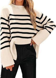 2024 Fall Capsule Wardrobe + Outfit Ideas Casual Sweaters Women, Fall Sweaters For Women, Oversized Striped Sweater, Beige Pullover, Pull Oversize, Pullover Mode, Women Sweaters Winter, Winter Pullover, Oversized Long Sleeve