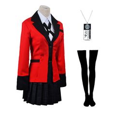 PRICES MAY VARY. ✔/ 【What you will get】/ Package includes 6pcs ( 1 red jacket + 1 white shirt + 1 skirt + 1 pair socks + 1 ow tie + 1 necklace + 1 keychain ). Please check our size chart carefully to choose the fittest one. The Size Chart is in the third image. ✔/ 【Hot Style】/ Anime Character Jaami Yumeko Cosplay Costume Sailor Dress Suit Outfit for Women Gamler Anime Full Set. Runa Yomozuki coat, good match with Kakegurui girls uniforms, use for cosplay parties, comic con, dressing up and daily Red Tuxedo Women, Poker Outfit Women, Original Costume Ideas Women, Halloween Costumes Anime Characters, Anime Costumes Ideas, Anime Character Halloween Costume, Suit With Skirt For Women, Kakegurui Outfit, Kakegurui Yumeko Cosplay