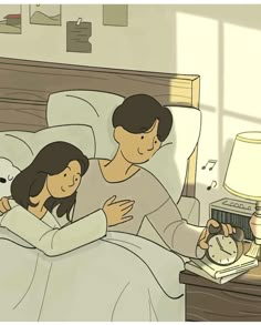 a man and woman laying in bed with an alarm clock on the nightstand next to them