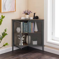 a book shelf with books and vases on it in front of a window next to a potted plant