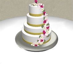 a three tiered cake with pink and white flowers on the top is sitting on a plate