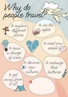 a poster with different types of speech bubbles and words on it that say why do people travel?