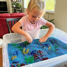 The Easiest Alphabet Sensory Bin for Preschoolers Sensory Bin For Preschoolers, Alphabet Sensory Bin, Colored Rice, Sensory Table, Friends Art, Smile Girl