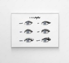 "Designed for lash artists, estheticians, and beauty enthusiasts -- this eyelash extension style chart is a digital art print file, created to enhance lash brands and salons. Use the lash extension style chart to decorate the walls of your salon or for print out materials to help your clients visualize what each lash style looks like. Includes high-resolution digital illustrations of six different types of Eyelash Extension Styles such as Natural Eyelashes, Cat Eyelashes, Open Eyelashes, Doll Ey Eyelash Extension Styles Chart, Lash Styles Chart, Squirrel Lash Extensions, Squirrel Eyelash Extensions, Open Eyelashes, Lashes Illustration, Lash Artist Branding, Lash Illustration, Cat Eyelashes