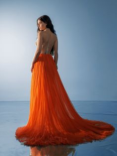 Exotic semi-sheer firey orange chiffon gown "Peony" with a sheer constructed top fully embellished with multi-colored floral hand embroideries. Orange Chiffon, Chiffon Gown, Sheer Top, Floral Embroidery, Multi Colored, Chiffon, Embroidery, Orange, Floral