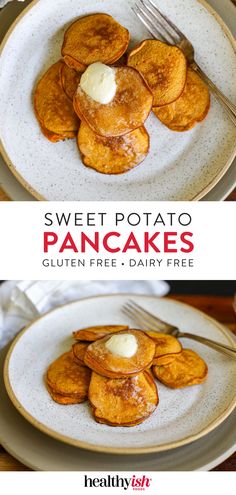 sweet potato pancakes on a plate with butter and syrup