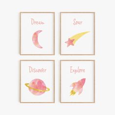 four pink and yellow watercolor paintings with stars, planets, and the word dream on them