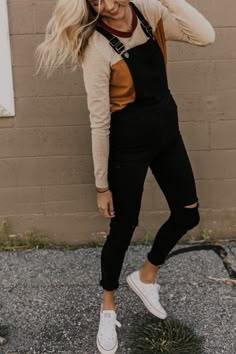 Black Distressed Overalls - Fall Outfit Ideas - Fall Transition Outfit Ideas for Women - Casual Lazy Day Outfits - Cute Affordable Clothing Boutique in Utah | ROOLEE Overalls Fall Outfits, Overalls Fall, Apparel Aesthetic, Distressed Overalls, Cute Overalls, Best Casual Outfits, Fall Transition Outfits, Female Clothes