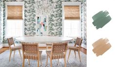 a dining room table with chairs and wallpaper in shades of green, beige and white