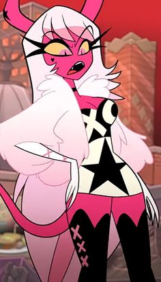 an animated pink cat with black and white stripes