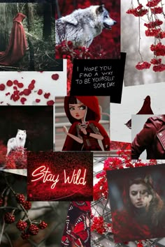 a collage of photos with the words stay wild written in red and black on them