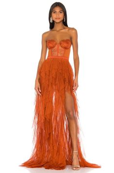 Women's For Love & Lemons X Revolve Bustier Gown - Orange - Gowns For Love & Lemons X REVOLVE Bustier Gown in Rust - Rust. Size L (also in M, S, XS). Self: 100% polyContrast 1: 100% nylonContrast 2: 95% poly 5% spandexContrast 3: 92% silk 8% spandexLining: 82% nylon 18% spandex. Dry clean only. Attached bodysuit lining with bottom snap button closure. Hidden back zipper closure. Boned bodice with underwire cups. Tiered ruffle tulle hem. Neckline to shortest hem measures approx 23 and to longest X Revolve Bustier Gown, Revolve Bustier Gown, Bustier Gown, Orange Gown, Top In Pizzo, Lemon Dress, Tulle Prom Dress, For Love & Lemons, Love And Lemons