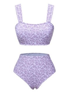 Lavender 1950s Floral Wide Strap Swimsuit Lavender Bathing Suits, Lavender Swimsuit, 1950s Swimsuit, Swimsuit Aesthetic, Retro Stage, Purple Two Piece, Retro Swimwear, Soft Lavender, Two Piece Swimsuit