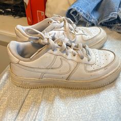 They Are A Youth 5 But Fit A Women’s 7-7.5 Would Look Brand New With A Cleaning. Minimal Creasing. Only Wore A A Couple Times But Worn At The Fair Hence Why So Dirty. Casual Nike Air Force 1 Sneakers, Casual Nike Air Force 1 Low-top, Casual Nike Air Force 1 With Round Toe, Dirty Shoes, White Tennis Shoes, The Fair, Nike White, Kids Nike, White Nikes