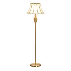 a gold floor lamp with a white shade