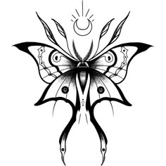 a black and white drawing of a butterfly with wings spread out to the side,