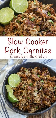 slow cooker pork carnitas in a skillet with limes on the side