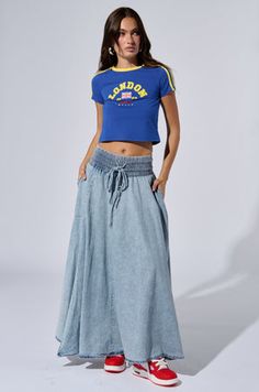 ALEX ACID WASH DENIM MAXI SKIRT Denim Maxi, Acid Wash Denim, Denim Maxi Skirt, Acid Wash, Denim Wash, Platform Sandals, Off Shoulder Blouse, Maxi Skirt, Classic T Shirts