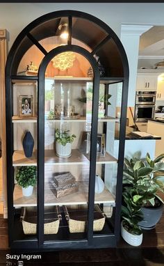 a display case with plants in it on top of a wooden table next to a potted plant