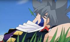 an anime character laying in the grass with his head on his hands and eyes closed