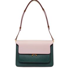 Saffiano Leather Shoulder Bag Colorblocked In Green Pink And Khaki. Adjustable And Convertible Shoulder Strap With Press-Stud Fastening. Foldover Flap Featuring Press-Release Fastening. Concealed Patch Pocket And Embossed Logo At Face. Accordion Panel At Sides. Patch Pocket At Back Face. Zippered Pockets And Logo Patch At Three-Compartment Interior. Textile Lining In Beige. Gold-Tone Hardware. Tonal Stitching. Approx. 9 Length X 6.5 Height X 4.5 Width. This Bag Hasn’t Been Used Much. The Only Vi Interior Textile, Marni Bag, Trunk Bag, Press Release, Press Studs, Embossed Logo, Pink Bag, Patch Logo, Patch Pocket