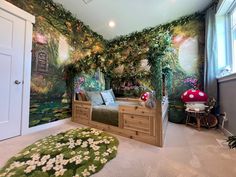 a bedroom decorated in green and white with a mural on the wall behind the bed